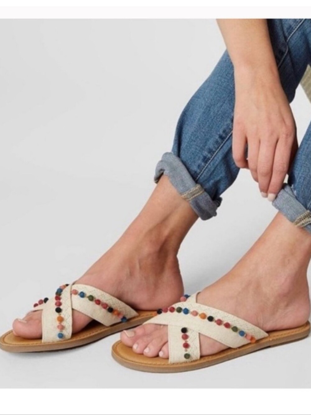 TOMS Natural Hemp Viv Slide Pom Pom Strap Sandals Women's 8.5 Like New